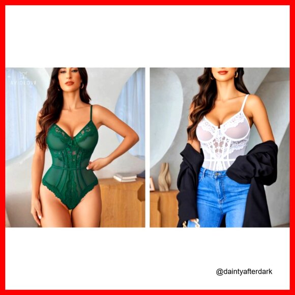 Sheer Lace Bodysuit Teddy Chemise V Neck Adjustable Straps Snap Crotch - Picture 7 of 7